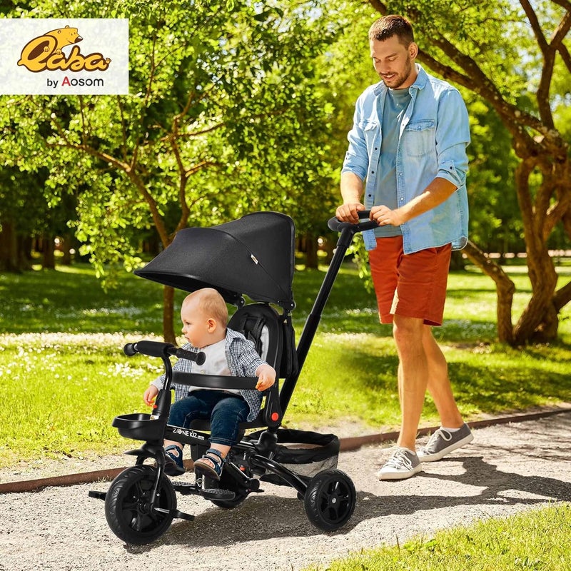 Qaba Kids Tricycle, 4 in 1 Foldable Trike with Reversible Seat, Adjustable Parent Handle, Safety Harness, Wheel Brakes, Removable Canopy, Storage, Tricycle for Toddlers 1-5 Years, Black - Image 2